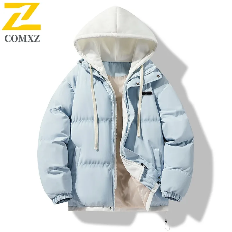 COMXZ 2025 رجل النمط الأمريكي وهمية قطعتين سترة قطن الشتاء الكورية الدافئة مقنعين سترة معطف للأولاد في سن المراهقة الشباب ملابس خارجية