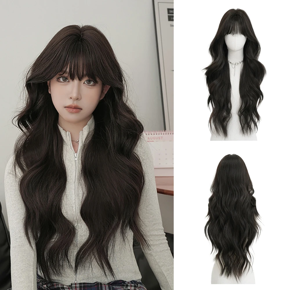 شعر مستعار اصطناعي طويل مجعد مع غرة ذهبية وبنية، شعر مستعار رقيق ومقاوم للحرارة مناسب للحفلات اليومية النسائية