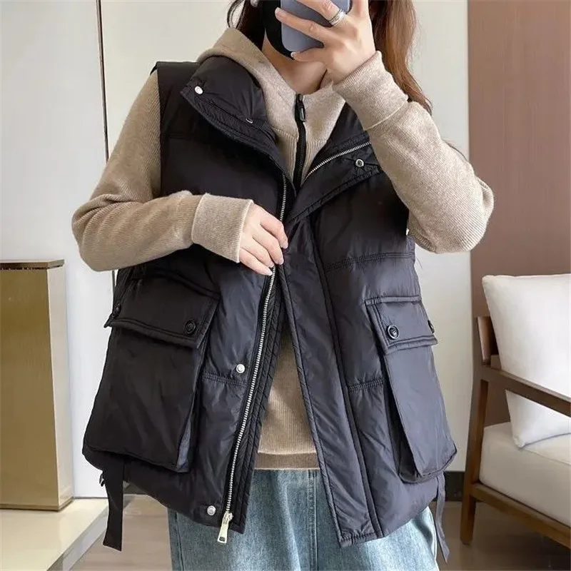 

Waistcoats for Women Cotton-padded Vests Stand Collar Casual Sleeveless Cardigans Vintage Oversized Solid Jackets Female Tops