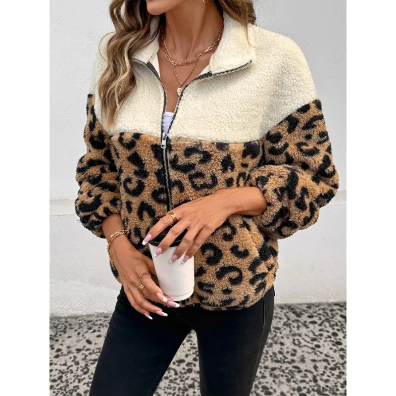 جديد الشتاء الرجعية المرأة الكلاسيكية ليوبارد طباعة المرقعة فروي جاكيت زيبرا العصرية ملابس خارجية الترفيه النساء الملابس