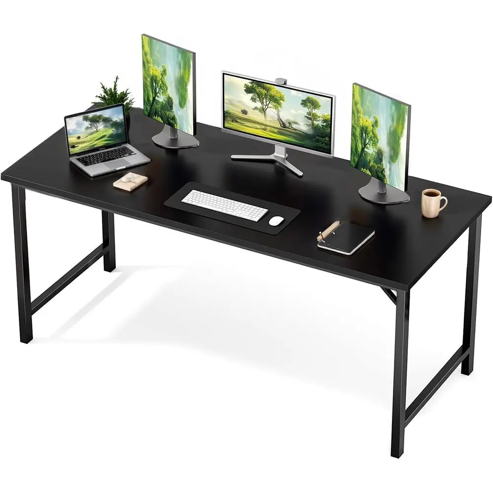 

63-inch Metal Frame and Wooden Top Computer Desk, X-Shaped Support, Ideal for Study and Home Office, Black