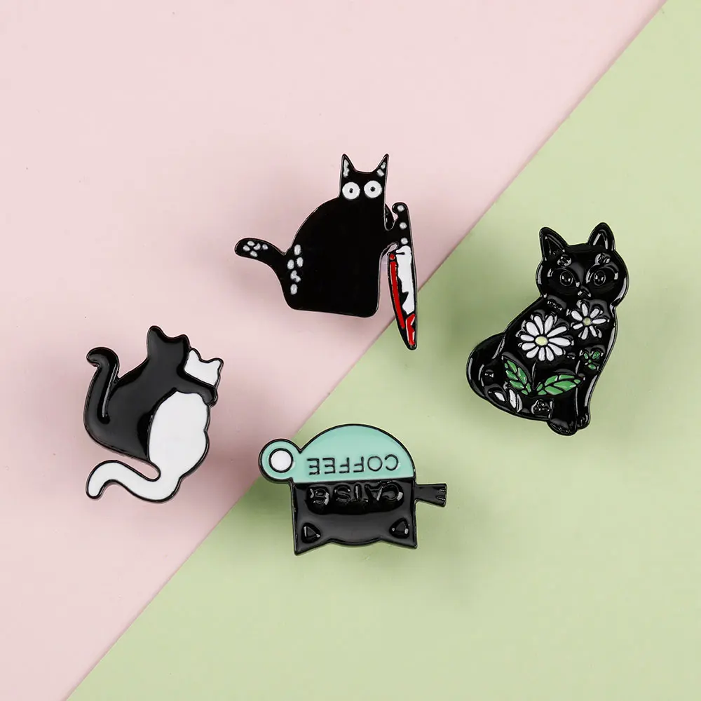 4Pcs/Set Blood Knife Coffee Daisy Hug Black Cat Enamel Pins Cute Kitty Brooches For Pet Lovers Bag Backpack Hat Jewelry