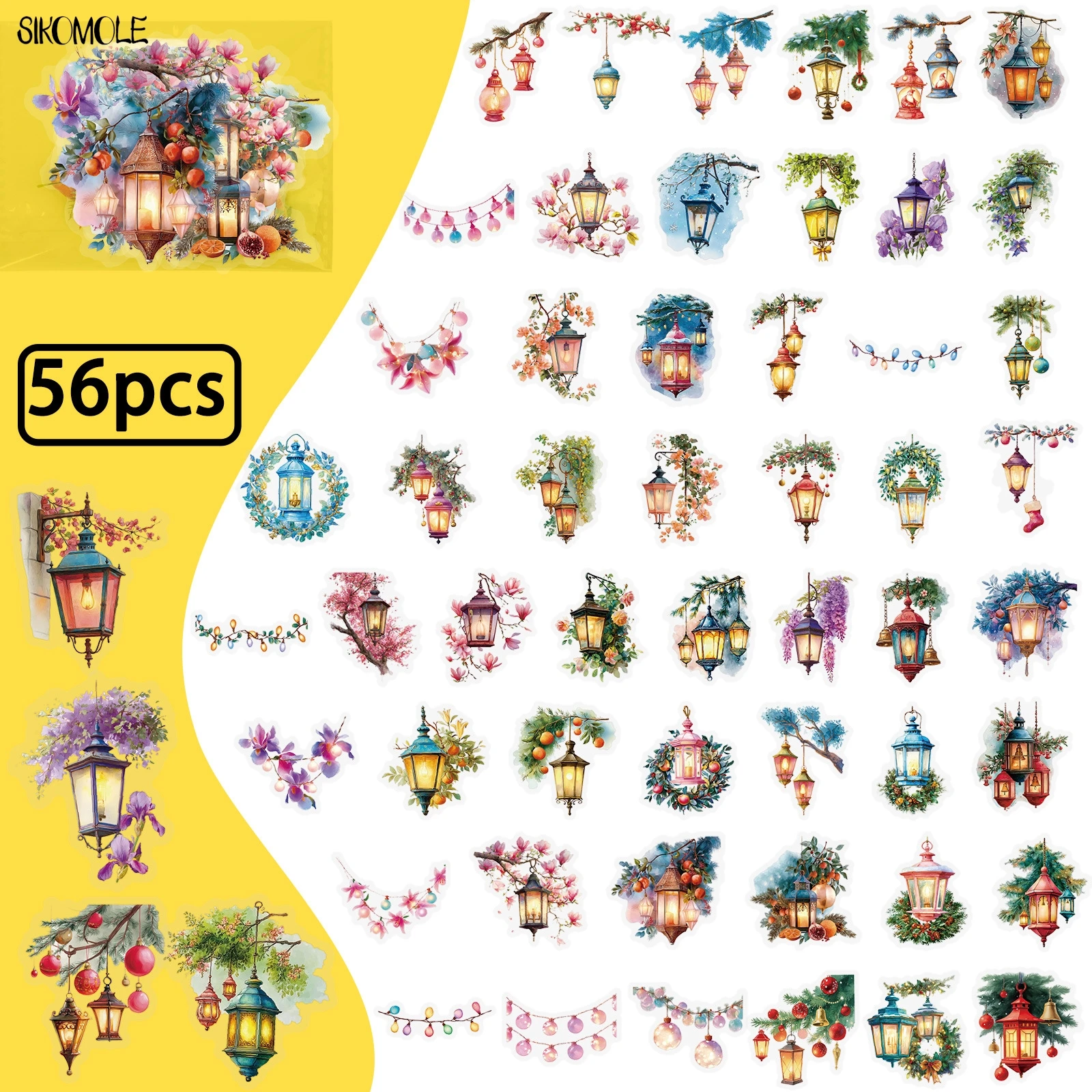 

56 шт., прозрачные наклейки с мультяшным цветочным фонарем, упаковка, водонепроницаемый ПЭТ-материал, декоративная наклейка с граффити для тетрадей