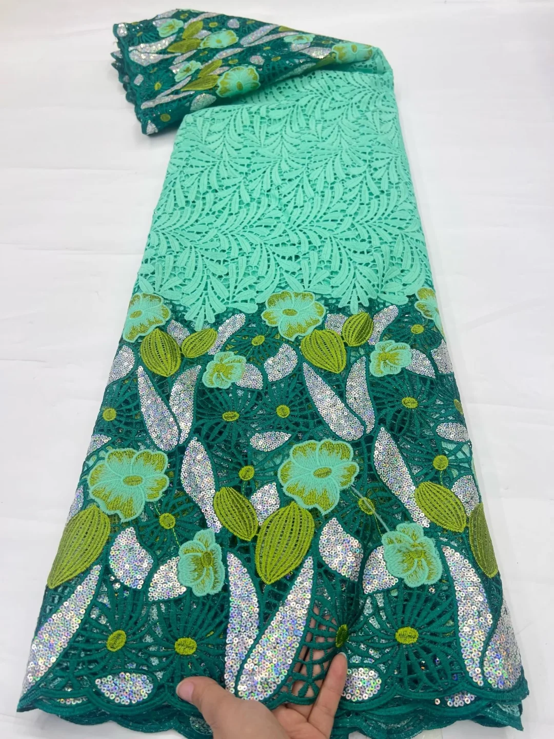 Two Tone Mint & Emerald Green Guipure Lace Fabric, 3D Floral Leaf Embroidery Lace with Iridescent Silver Sequins For Wedding