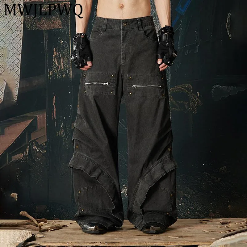 

Мужские прочные брюки-карго MWJLPWQ с плиссировкой и многослойным дизайном, новые, в стиле High Street, с заклепками, винтажные, широкие штанины, модель 13485