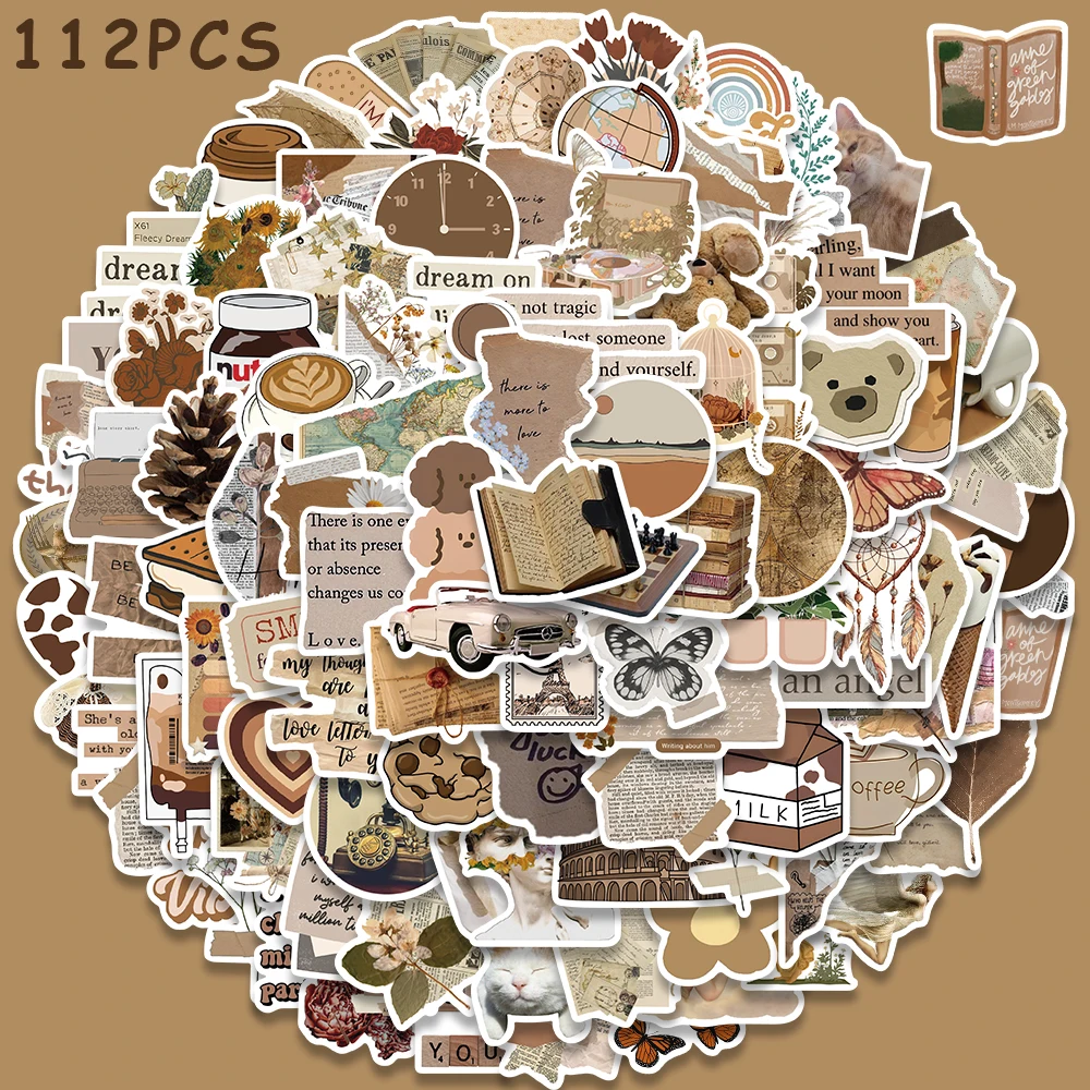 60/112pcs Vintage Brown Stickers Aesthetic Art Decals For Kids Laptop Guitar Suitcase Bicycle Helmet Scrapbook Phone Sticker