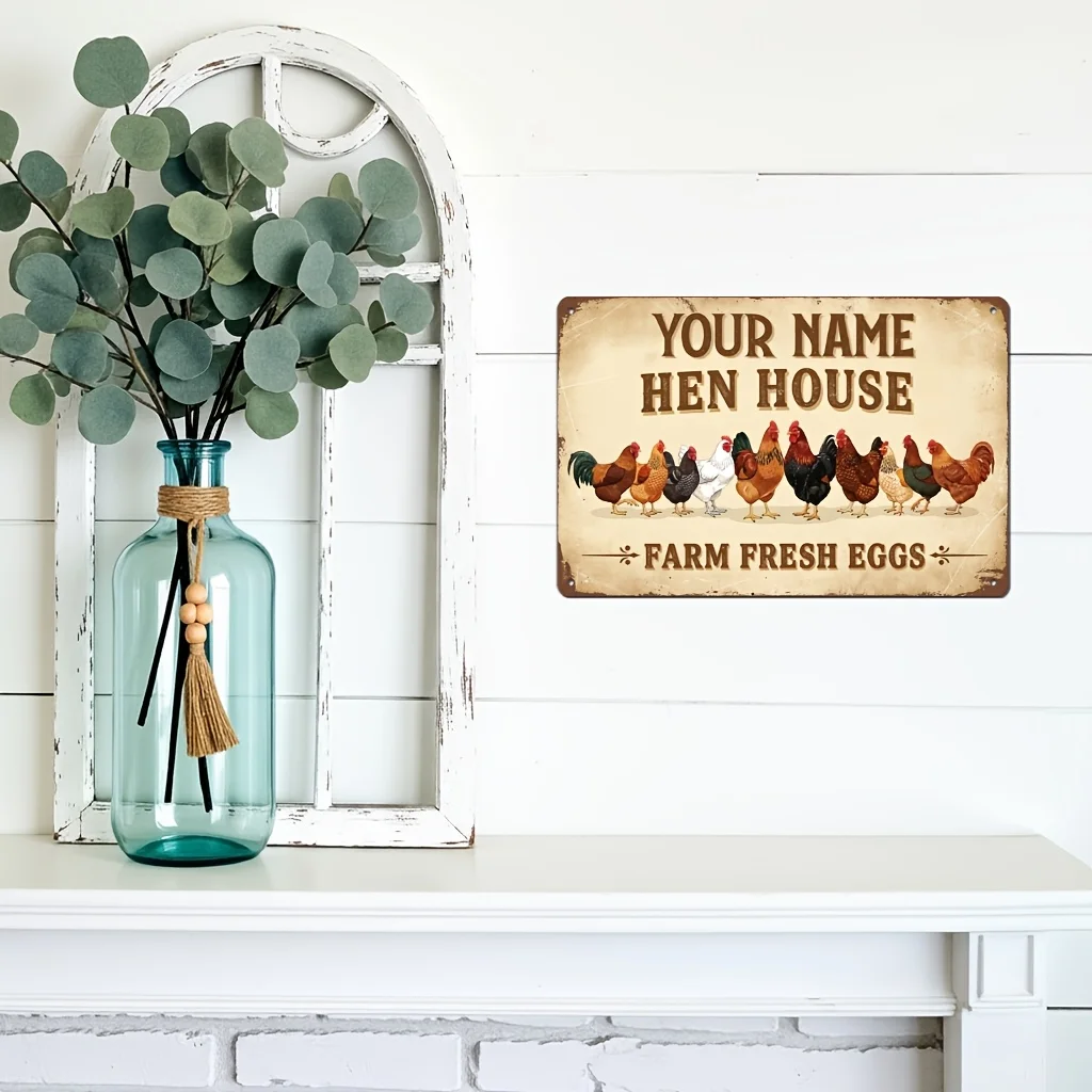 Personalized Rustic Hen House Metal Sign - Custom  Farmhouse, Chicken Coop, Garden Decor -Iron Wall Hanging with Farm Fresh Eggs