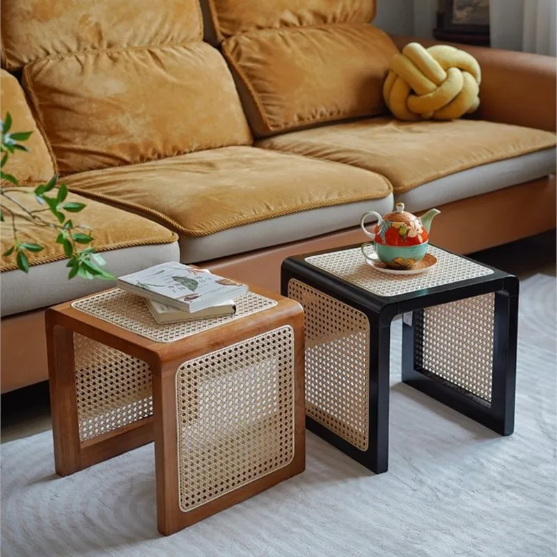 Wabi-sabi Style Solid Wood Rattan Side Table Japanese Balcony Window Sofa Small Tea Table Placeholder In Retro Bedside Table Sub