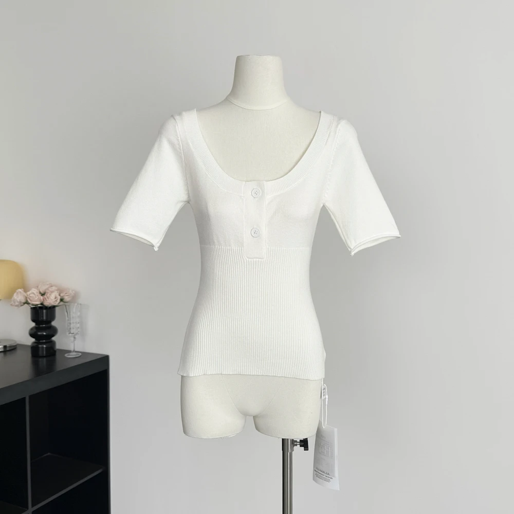 

Весна 2026: Женская вязаная кофта с U-образным вырезом на пуговицах, рукавом до локтя, модная, приталенная, универсальная базовая рубашка