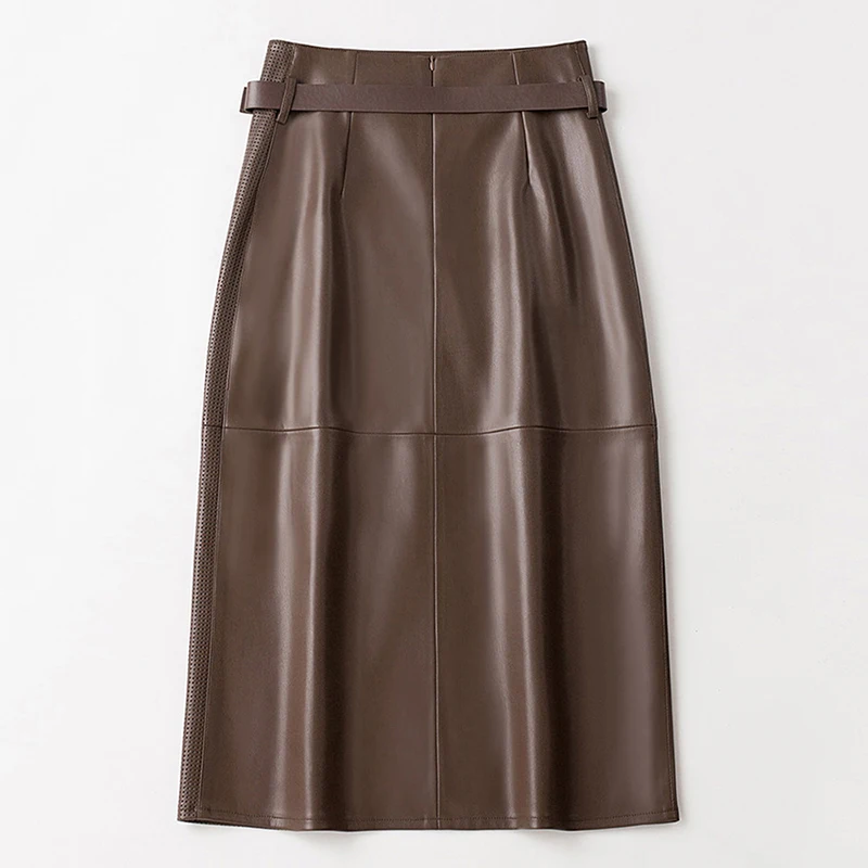 New Women Split Leather Skirt Spring Autumn Fashion Simplicity High Waist Package Hip Skirt Casual Solid Color Skirt Female