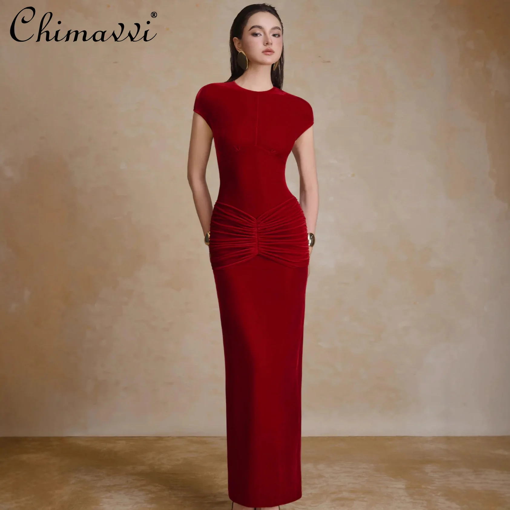 

French Style Elegant Red Evening Party Dress Round Neck Short Sleeve High Waist Pleated Bodycon Long Dress for Women Spring 2026