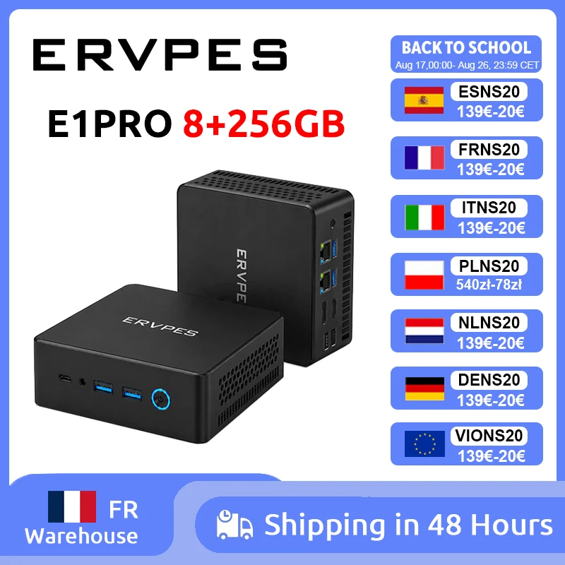 ERVPES E1PRO Mini-PC 8GB LPDDR4 256GB SSD Intel N4505 Windows 11 Pro Dual-Band WLAN BT5.0 Büro-Desktop Mini-Computer