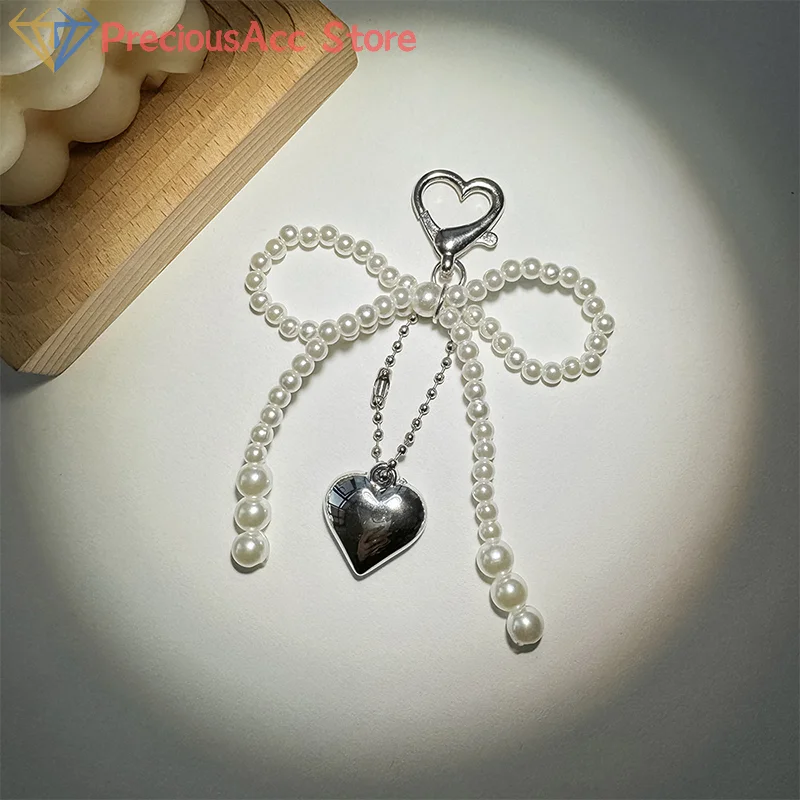 Delicate Beaded Key Chain Handmade Pearl Bow Shaped Pendant Keyring Heart Keychain Ornament Pearl Decoration For Bags Phones