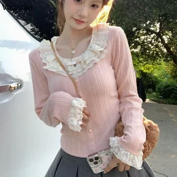 Autumn Sweet Lolita Long Sleeve T-Shirt Women Elegant Kawaii Lace Ruffles O-Neck Bow Slim Tees Female Casual Korean Y2k Tops