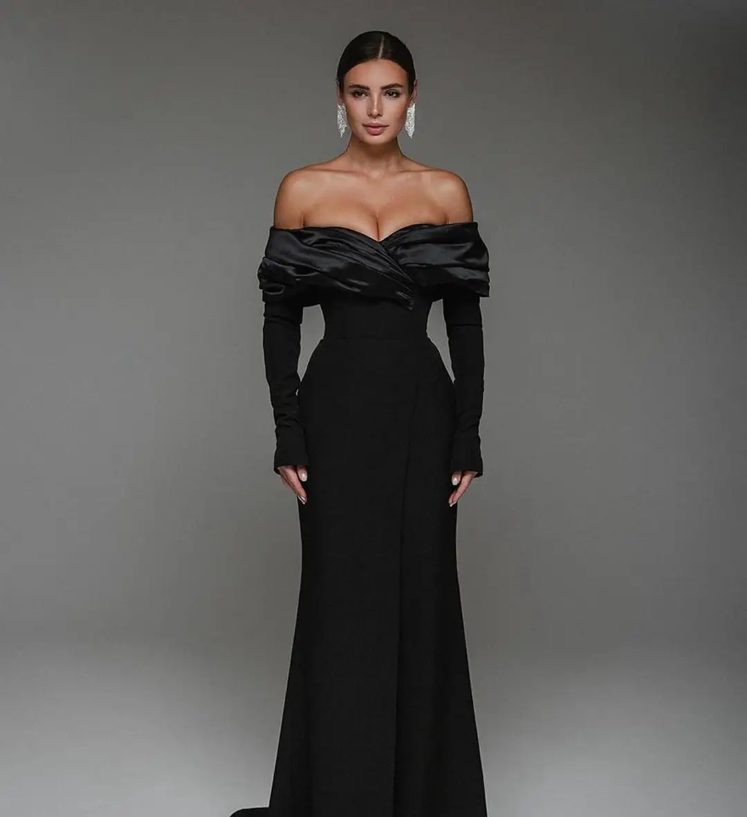 Scoggins فساتين سهرة Off-The-Shoulder Neckline A-Line Floor-Length Zipper Up Long Sleeve Wedding Party Dress Dress Women Elegant