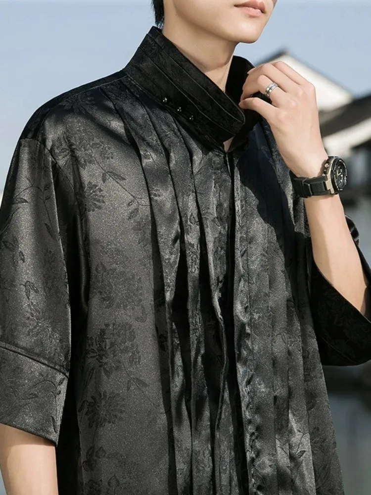 

Silk Satin Ice Silk irt Men's ort Sve Summer Loose Fit Vintage Chinese Sle Tang Costume Thin Lightweight Menswear