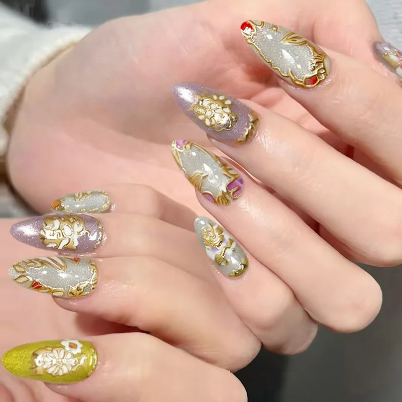 

24PCS Irregular Gold Plating Press on Nails Almond False Nails with Vintage Floral Pattern Shimmer Glitter Fake Nails for Women