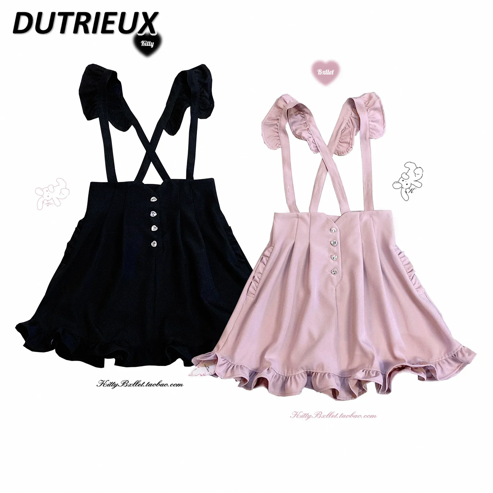 Lovely Single-Breasted Wooden Ear Suspender Skirt Spring and Autumn New Solid Color Sweet Cute Girl High Waist Short Skirt