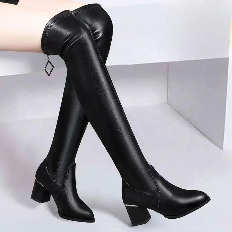 

​ Осень/зима 2022, новые женские эластичные сапоги выше колена для похудения, теплые сапоги до колена из мягкой кожи на высоком каблуке в корейском стиле