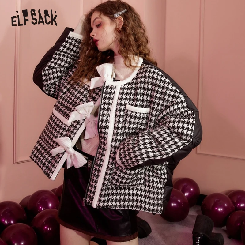 ELFSACK Spliced Plaid Warm Down Coats Women 2022 Winter Loose Short Casual Coats