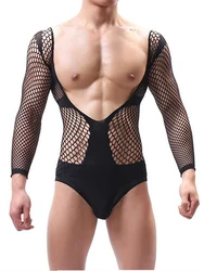 Men Bodystocking Bodysuit Gay Fishnet Hollow Sissy Underwear Sexy Lace Transparent Mesh See Through Lingerie Bodysuits