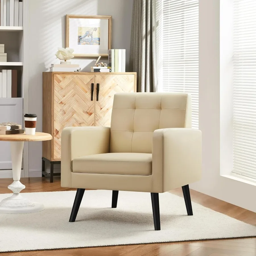 كراسي متوسطة القرن مصنوعة من جلد البولي يوريثان كرسي غرفة المعيشة المنجد الحديث مع كرسي بذراعين مريح وزر معنقدة من الخلف وأرجل خشبية P #4