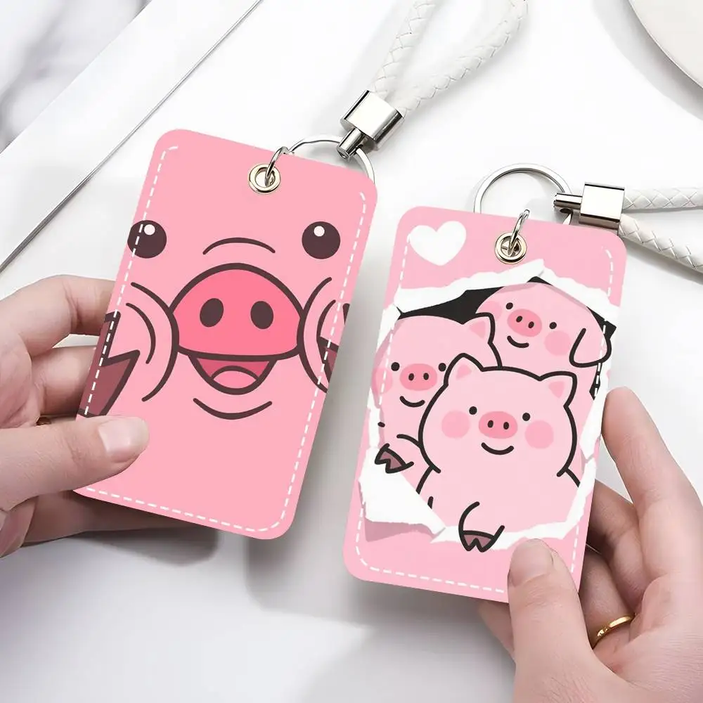 

1pc Cute Anime Pink Pig Card Case Keychain Access Card Bag Key Tag Ring Leather Card Holder Key Ring Access