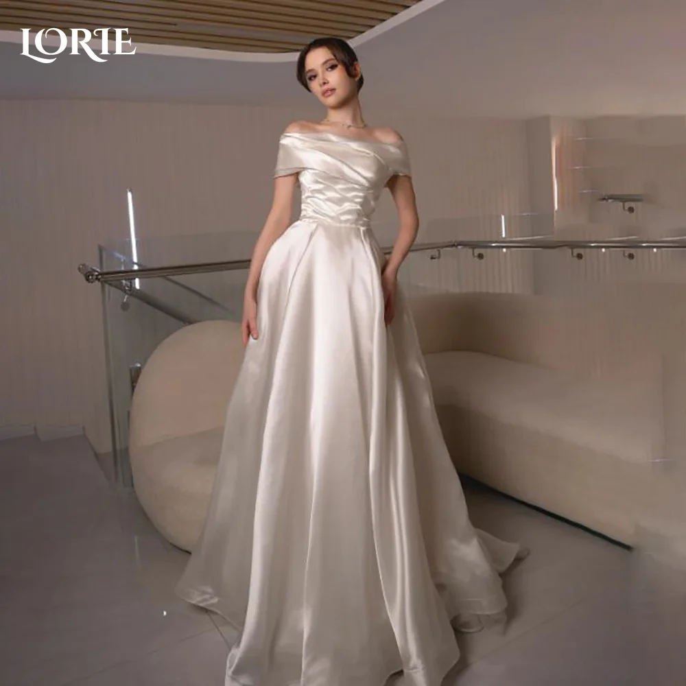 

LORIE Lace Beach Wedding Dresses Off Shoulder Shiny Satin Bride Gown Pleats Princess Bridal Dress vestidos de novia Customized