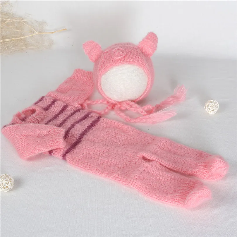 Newborn Baby Angora Bear Hat And Hooded Romper Full Set Fluffy Footed Bear Outfit Knit Romper Photo Props
