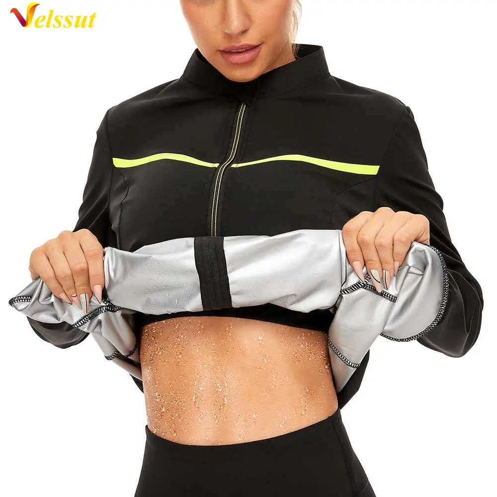 

Velssut Sauna Jacket for Women Weight Loss Top Hot Sweat Sportwear Slimming Long Sleeve Workout Top Fitness Fat Burner Sport