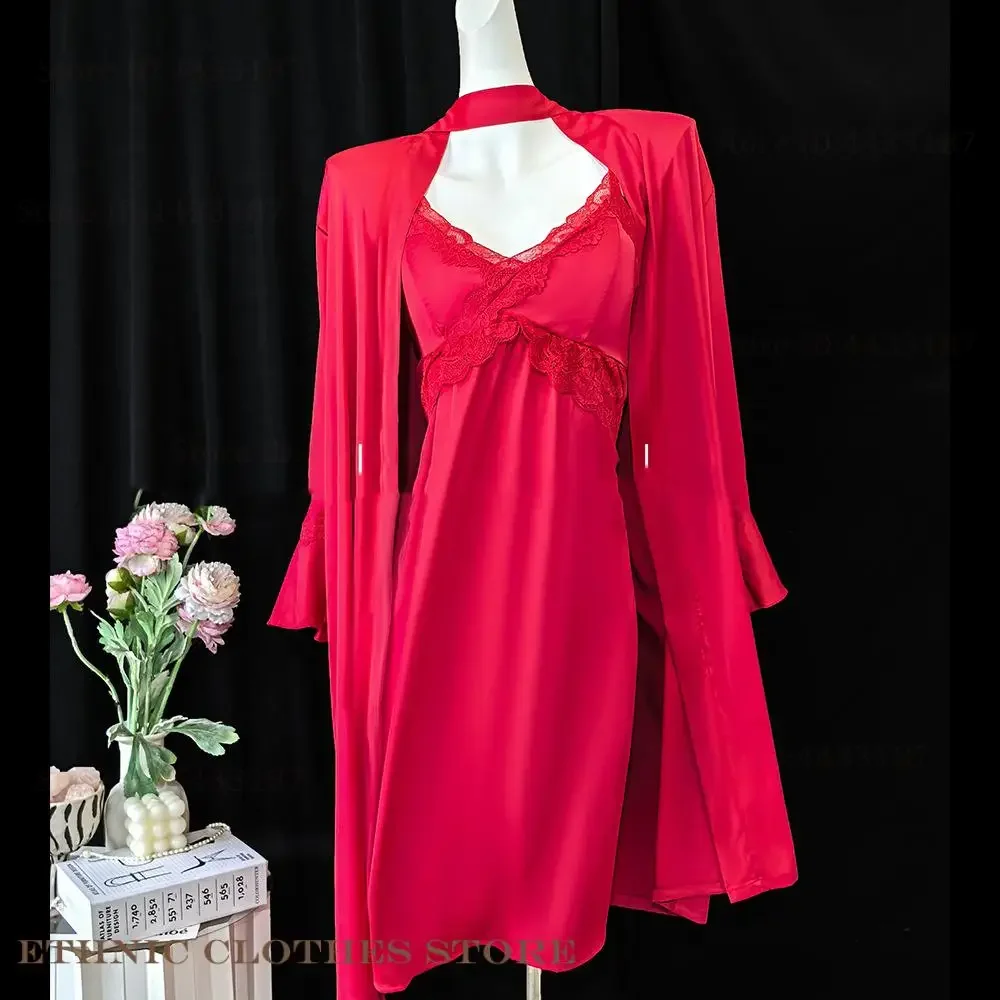 

Burgundy Silky Satin Female Twinset Robe Set Sexy Women Nightgown Sleepwear Spring Summer Bathrobe Home Dress Loose Loungewear