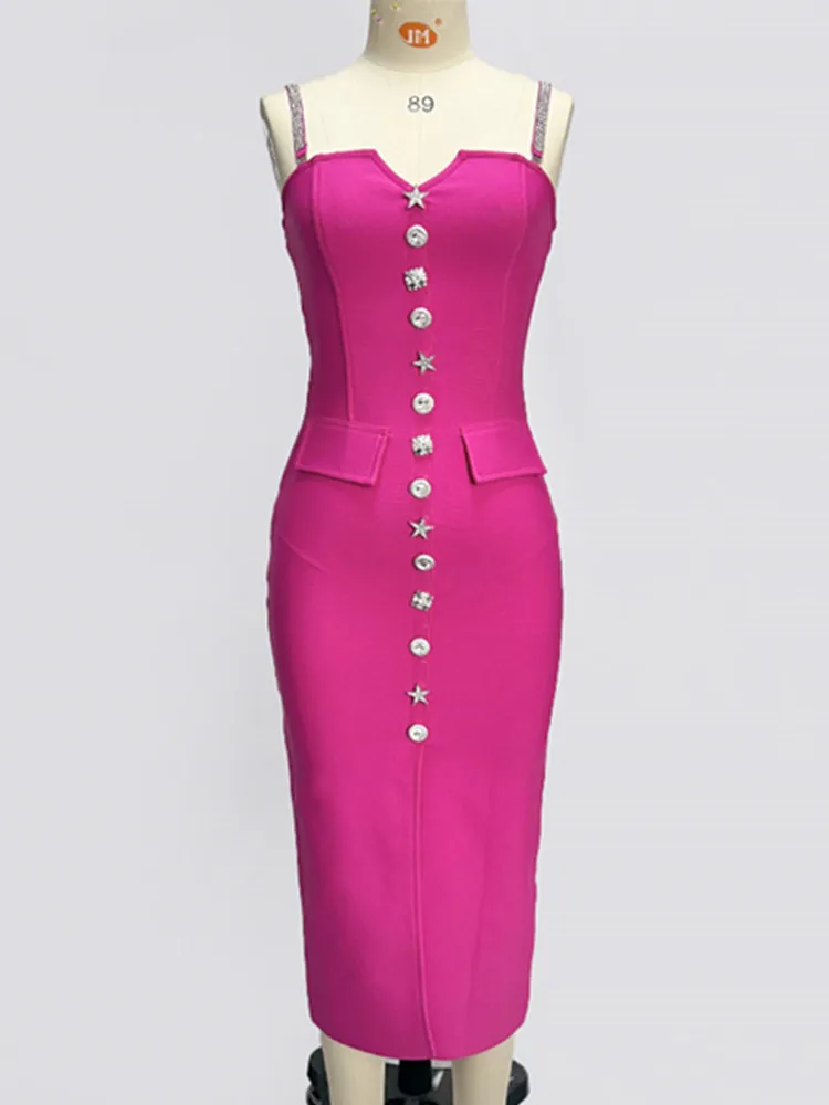 Kobiety Celebrity Sexy V Neck Backless Button Hot Pink Midi Bodycon Bandage Dress 2024 Elegancki wieczorowy strój klubowy na imprezę