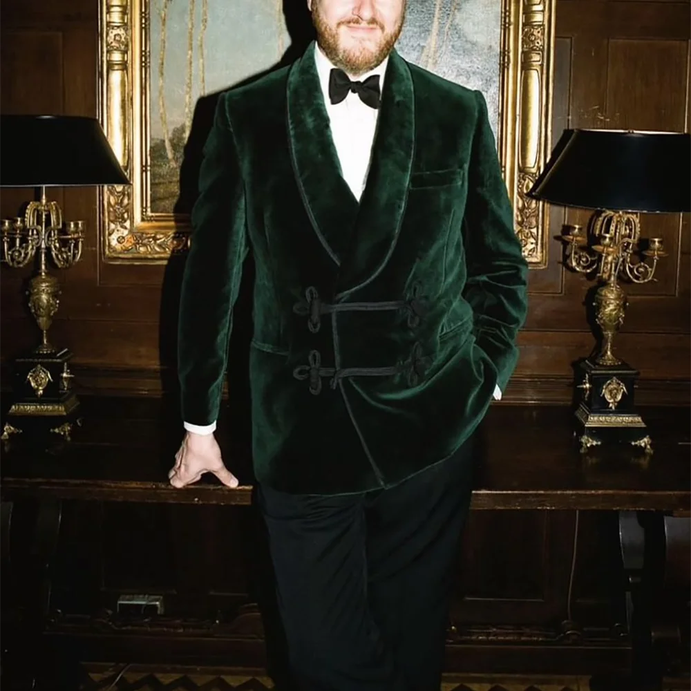 

Green Velvet Jacket Men's Suit Classic Coil Buckle Shawl Lapel Outfit Two Pieces Special Party Prom Male Set Blazer Pants
