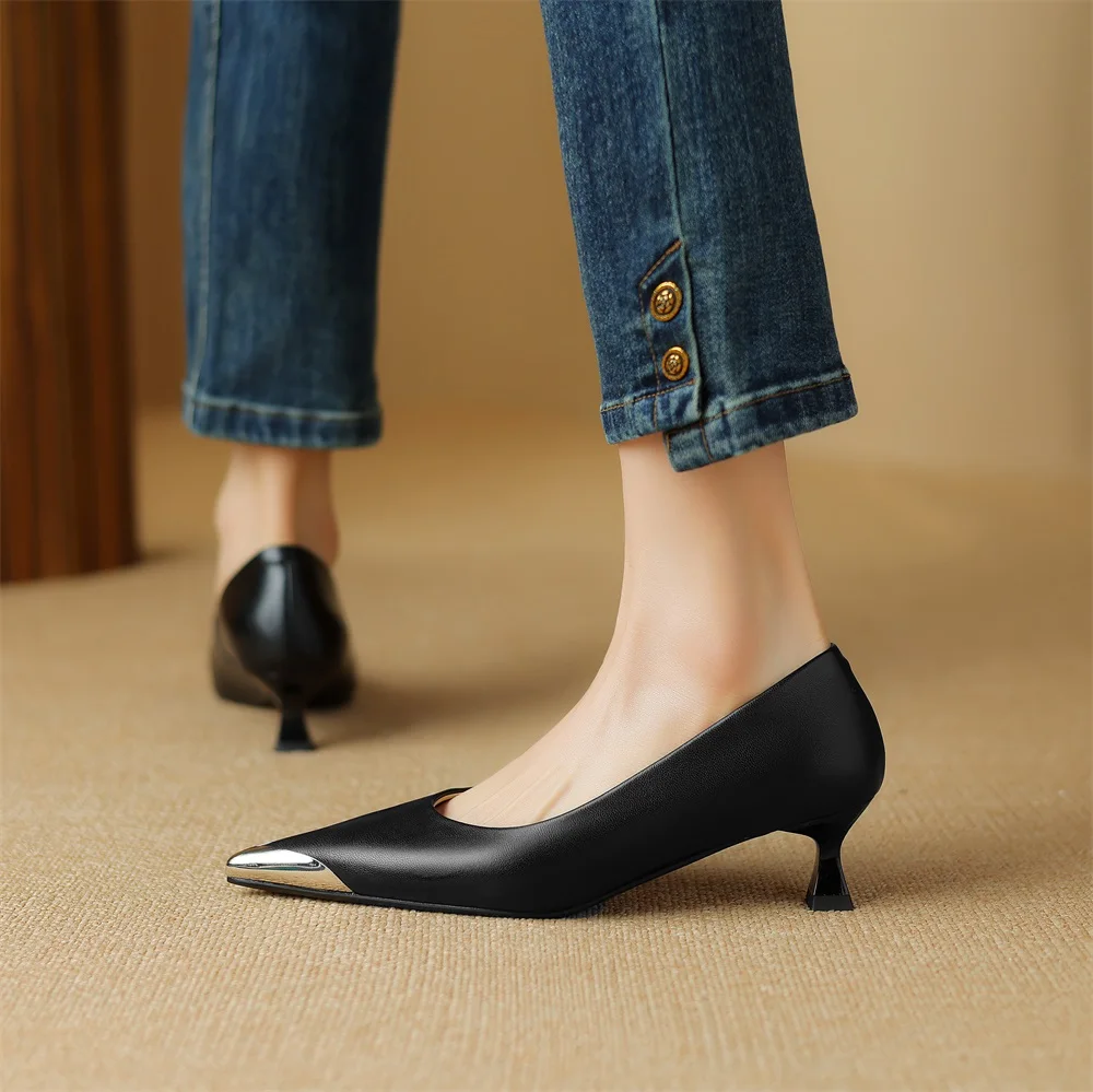 Taoffen New Sexy Women\'s Pumps Thin Heels Pointed toe High Heel Fashion Soft Slip On Metal Decoration Casual Office Lady Shoes