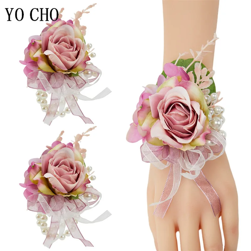 6 Stück Brautjungfer Braut Handgelenk Blumen Armband für Abschluss ball Party rosa Männer Bouton niere Seide Rose Corsage Blume Hochzeit Zubehör