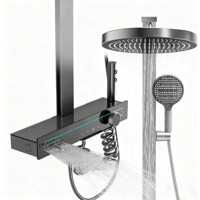 Hotel-Grade Chrome LED Thermostatic Shower System Single-Handle Bath Shower Faucets Soft Rain Massage Jet Made Ceramic