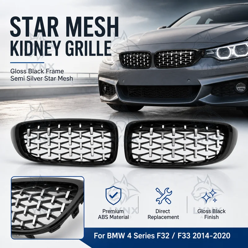 For BMW 4 Series F32 F33 2014-2020 Semi Silver Star Mesh Gloss Black Front Kidney Grille Radiator Grille Replacement