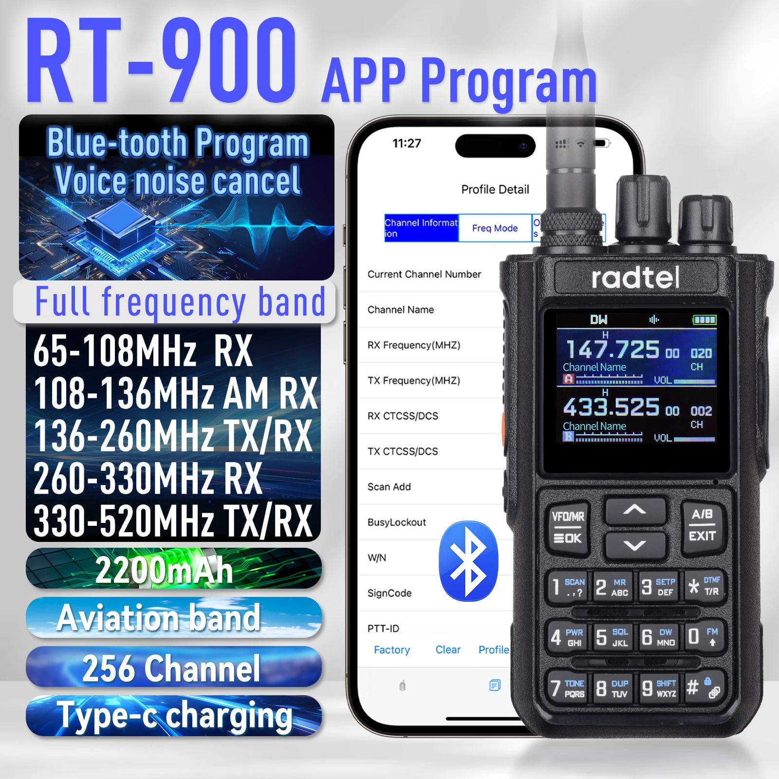 

Radtel RT-900 8W Full band Ham Radio Walkie Talkie 256CH Air Band Two Way Radio Station Aviation NOAA Police Marine River PTT