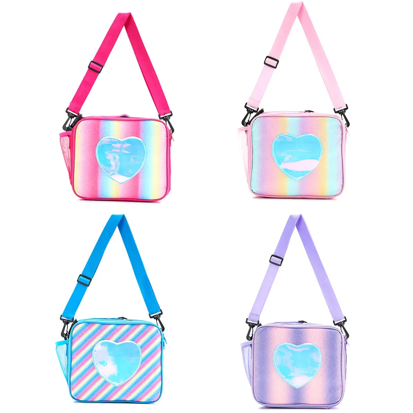 Borse Bento per il pranzo dei bambini color arcobaleno Love Borsa a tracolla quadrata per ragazze portatile carina dei cartoni animati Borse semplici e casual per bambini