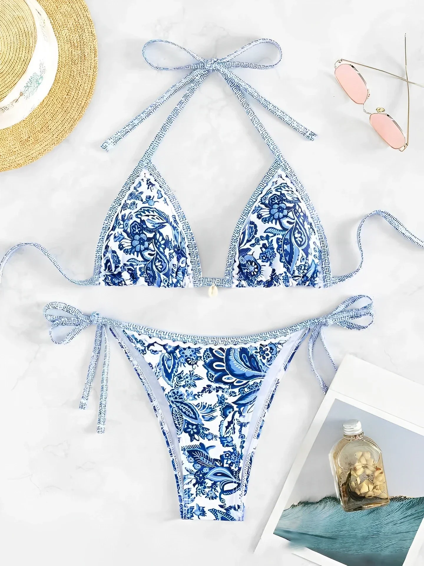 2024  Halter Bikini Blue Floral Two Piece Flower Swimwear Bathing Suit For Women Vocation