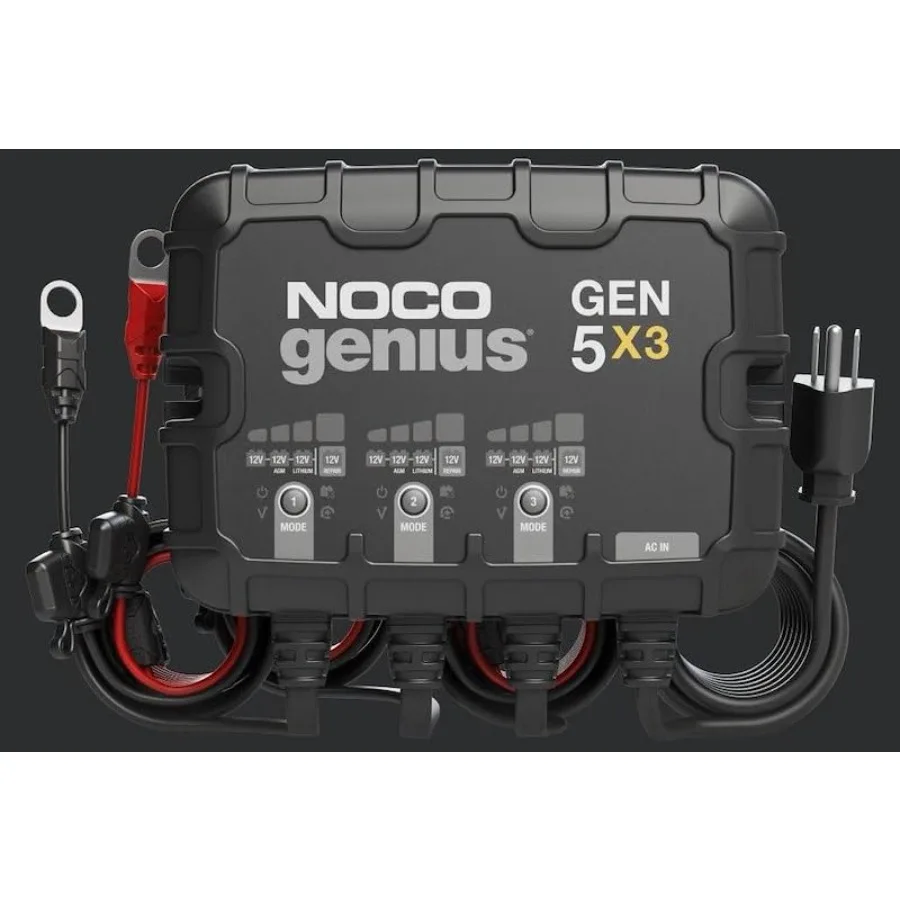 

Onboard battery charger for marine use, ABS plastic housing, black color, 3-bank independent charging with 5A per bank, 120-240