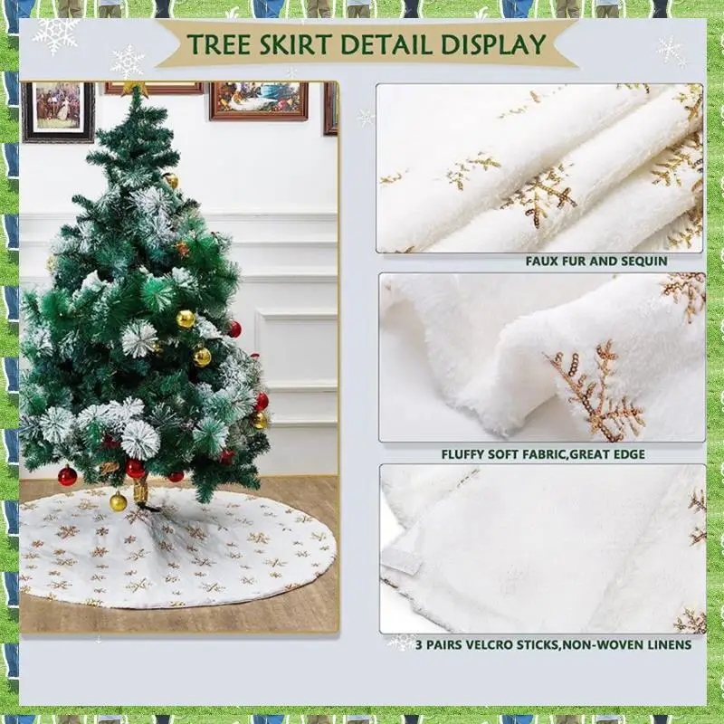 FTS-falda de árbol de Navidad de 90Cm, alfombra de piel sintética, alfombra de felpa blanca con copos de nieve para decoración de Año Nuevo, adorno delantal