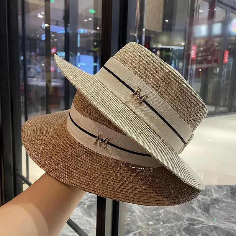 Concise Design New Letters Embroidered Women Straw Hats Panama Wide Brim Jazz Hat Summer Ladies Sun Hat Simple Flat Top Hat