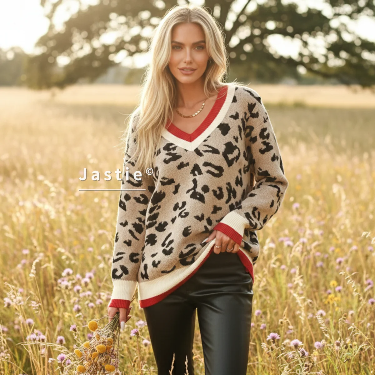 

Женский свитер с v-образным вырезом и леопардовым принтом, вязаные топы с короткими рукавами, красно-белая отделка, стильный повседневный мягкий вязаный пуловер с контрастными деталями