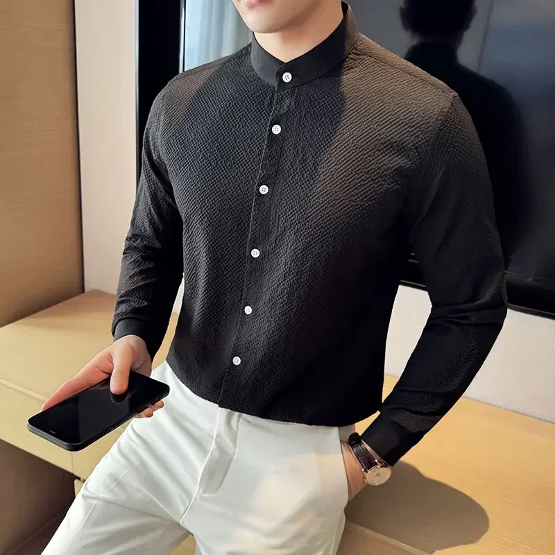 

High-end Stand Collar Long Sleeved Shirt Men Casual Business Dress Shirts Elastic Solid Color Versatile Slim Shirt Men Clothing