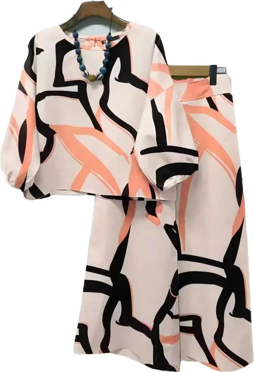 New 2025 Herfst Dames Kleding Round Neck Printed Quarter-sleeved Trousers Loose And Comfortable 2 Piece Sets Women's Outfit Fall
