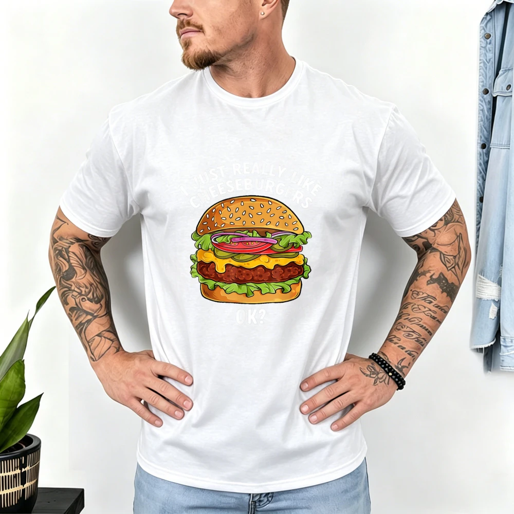 I Just Really Like Cheeseburgers Cartoon Print Unisex Summer Short Sleeve Fast Food Casual Soft Streetwear Top Men Cotton Tshirt