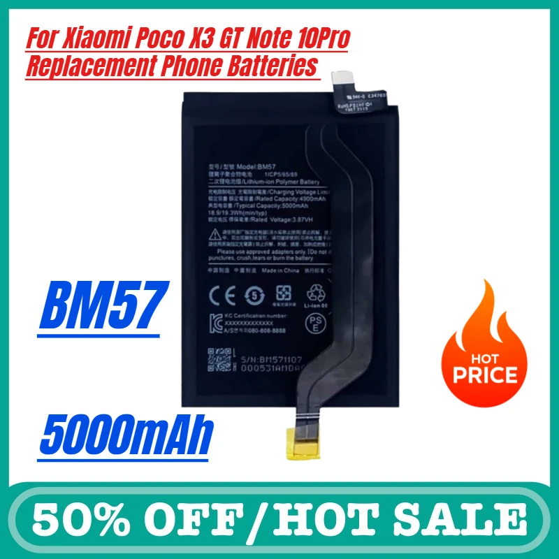 

High Quality Mobile Phone Battery BM57 5000mAh for Xiaomi Poco X3 GT Note 10Pro Replacement Phone Batteries