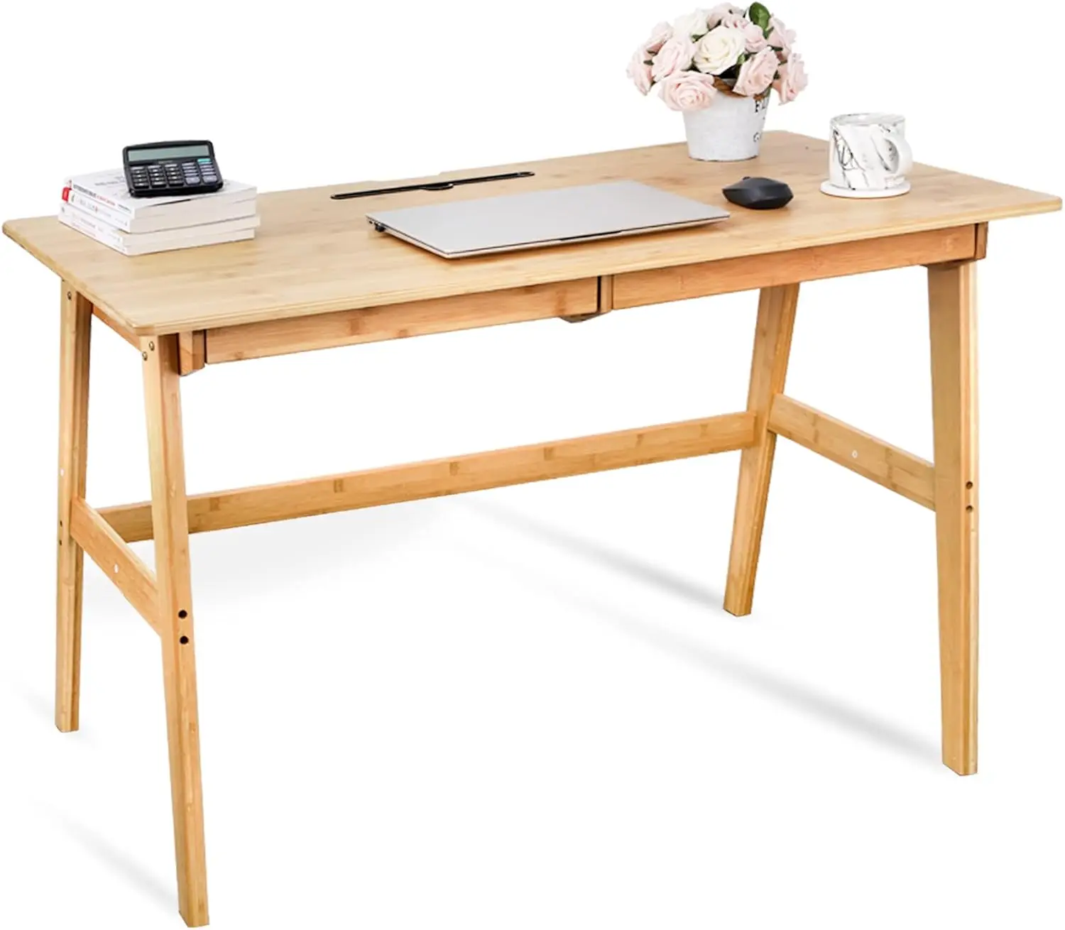 

！@Combohome Bamboo Computer Desk with 2 Drawers Solid Bamboo Home Office Writing Desk for Small Space Compact Simple Tables