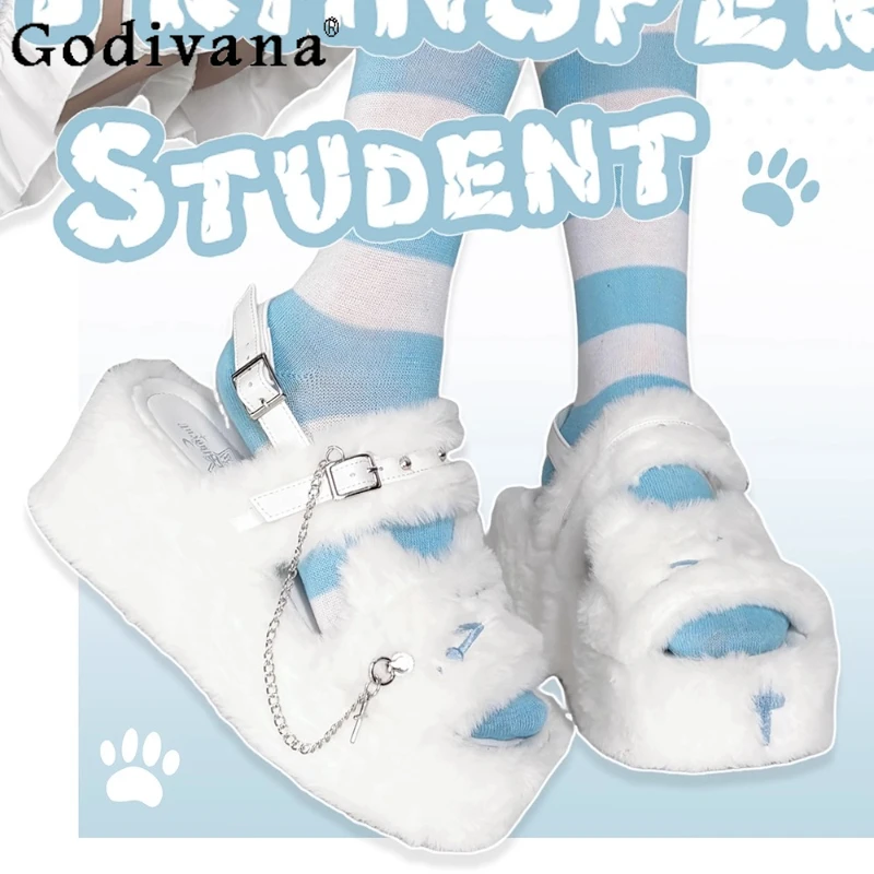 

Original Subculture 2D Plush Slippers Girls Sweet Cool Black White Indoor Shoes Autumn Winter New Women's Casual Sandals 2025